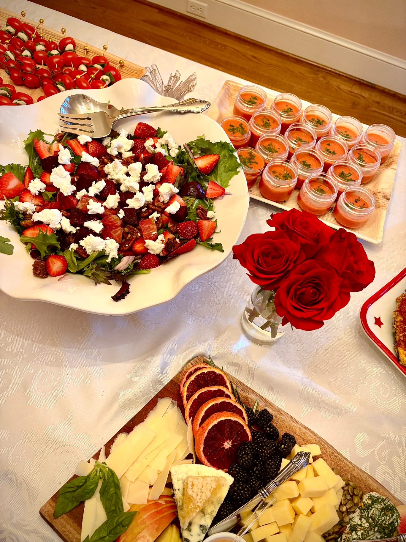 Strawberry salad, gazpacho shots and cheese board